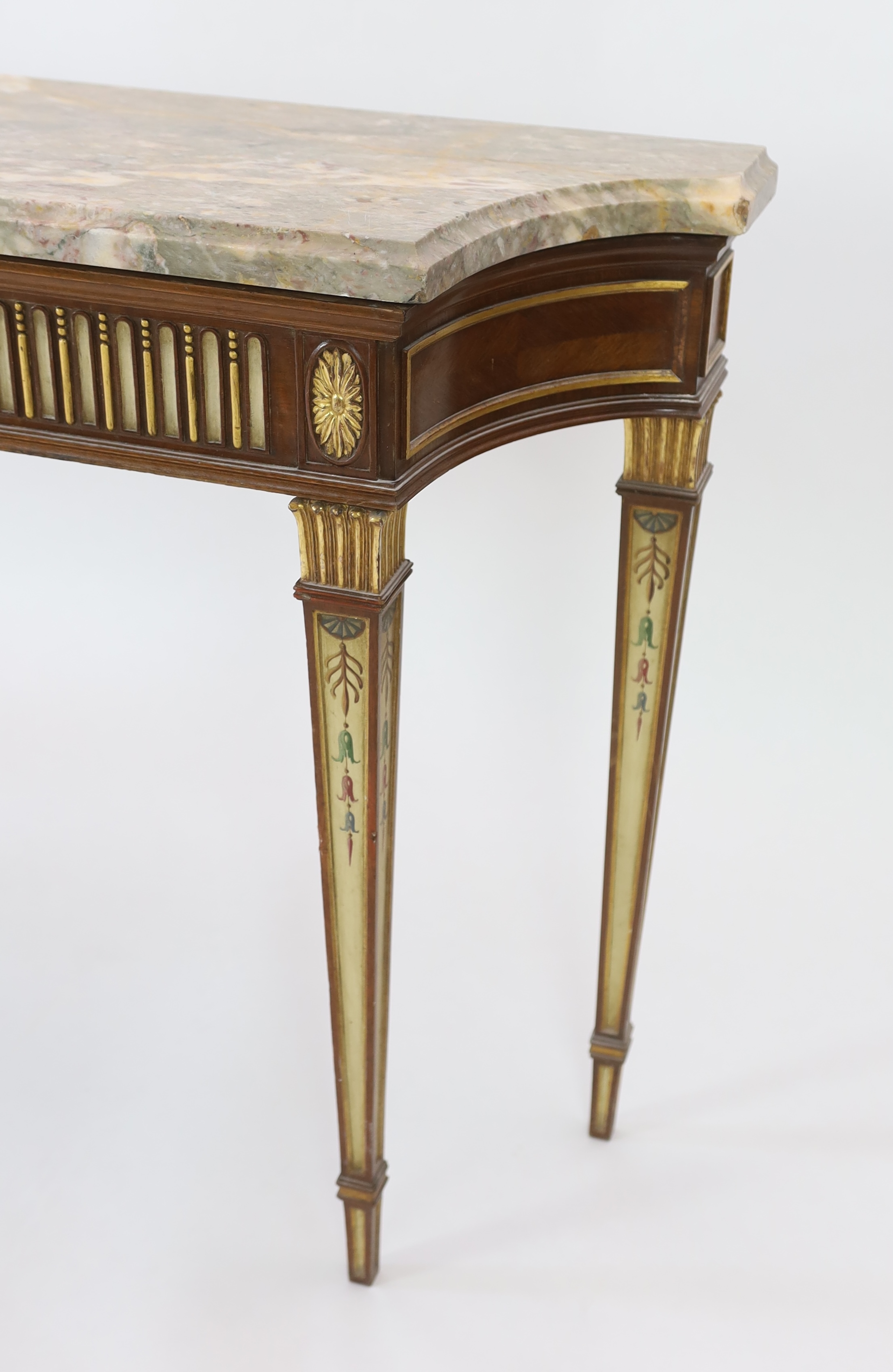 An early 20th century Adam revival part painted and gilt mahogany console table